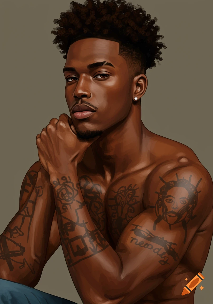 A handsome Black man with tattoos on his arms, wearing an earring, looking at the viewer.