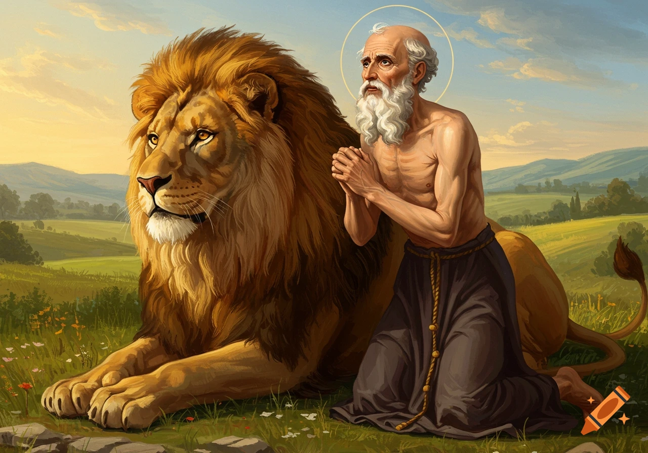 St Jerome kneels beside a large lion in a landscape