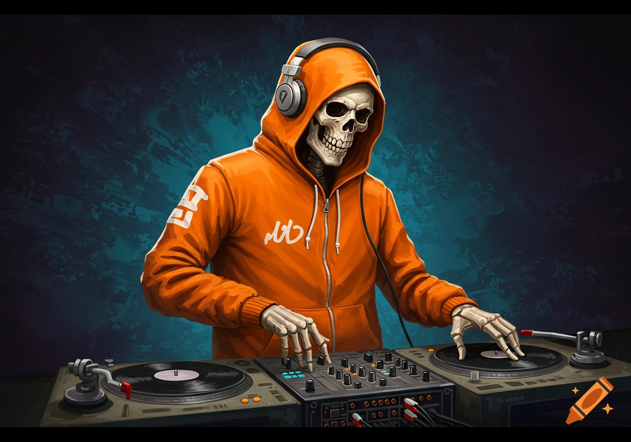 A skeleton DJ in an orange hoodie mixing records on turntables.