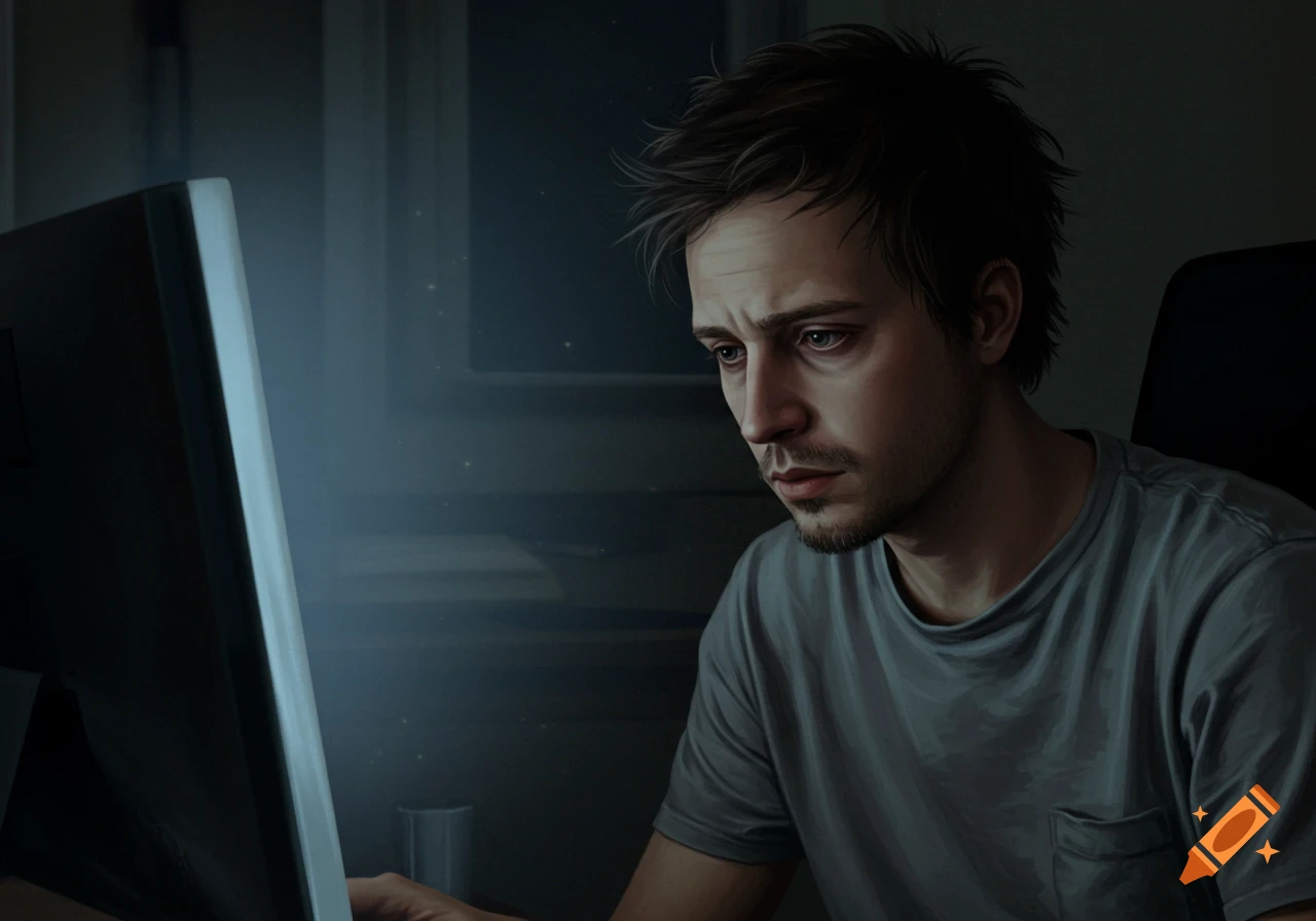 A man with messy hair looks intently at a glowing computer screen in a dark room, realistic illustration.