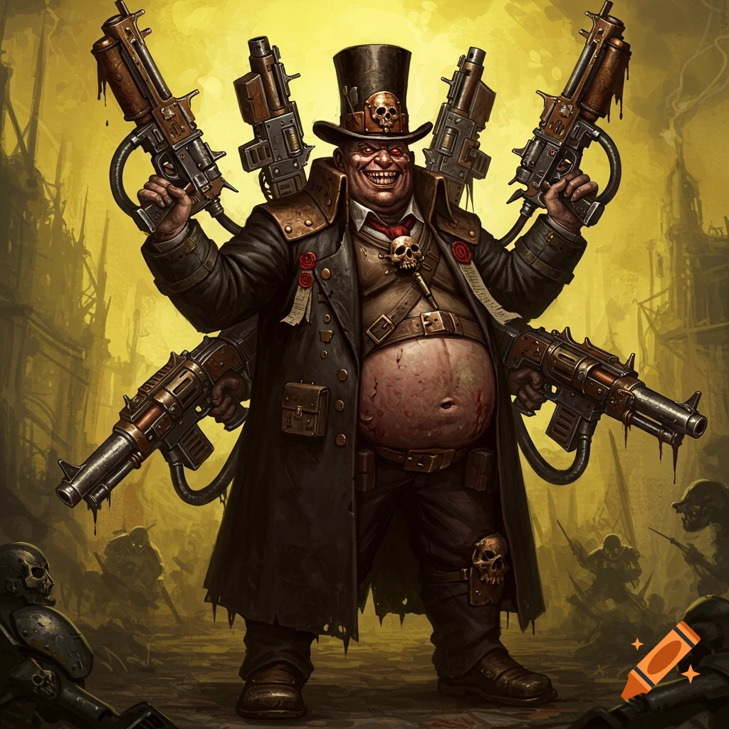 A grotesque portly man in a top hat and suit holding four large guns in a ruined city with skeletal figures.