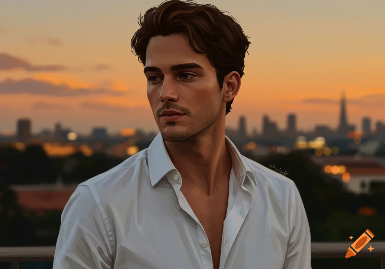 A man in a white shirt is looking left, with a city skyline at sunset in the background.