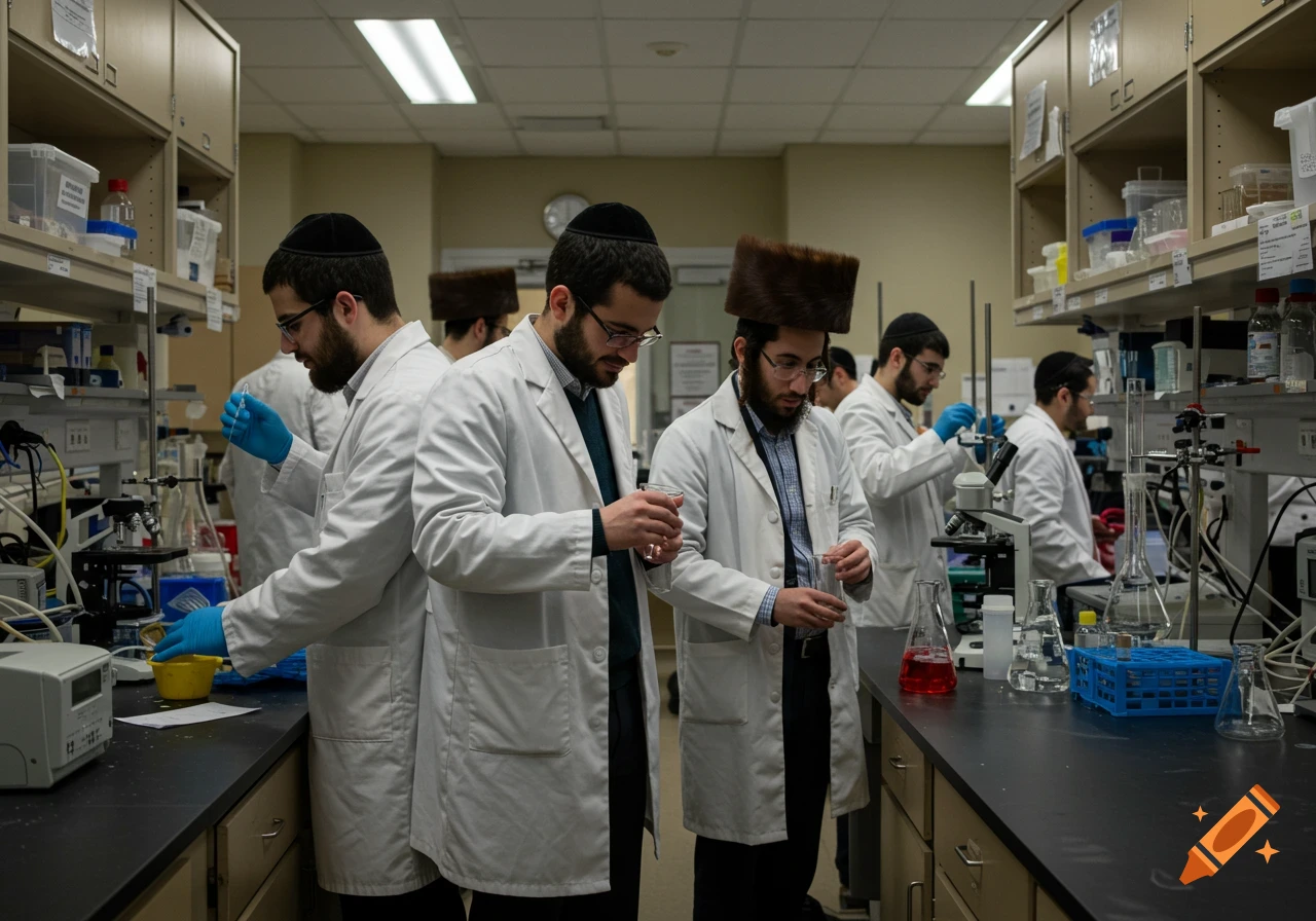 Men in lab coats and Jewish headwear work with beakers and equipment in a laboratory, photorealistic.