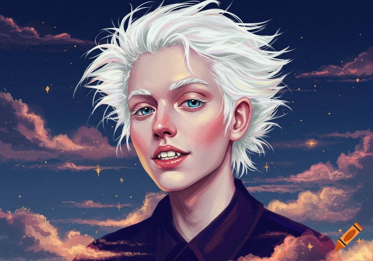 A digital art portrait of a person with white hair and blue eyes against a starry sky with clouds.