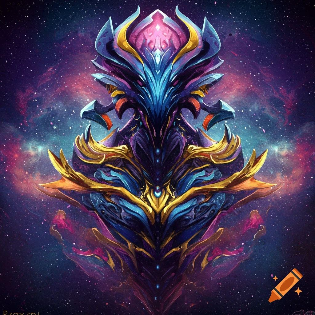An intricate blue and gold alien figure against a cosmic background with stars and nebulas.