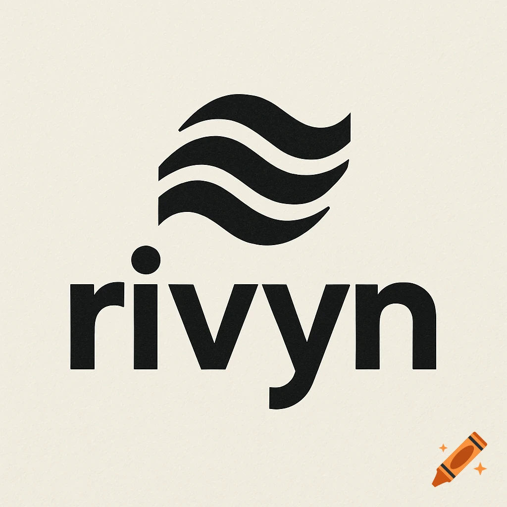 A black logo with a wavy symbol above the word "rivyn" on a cream background.