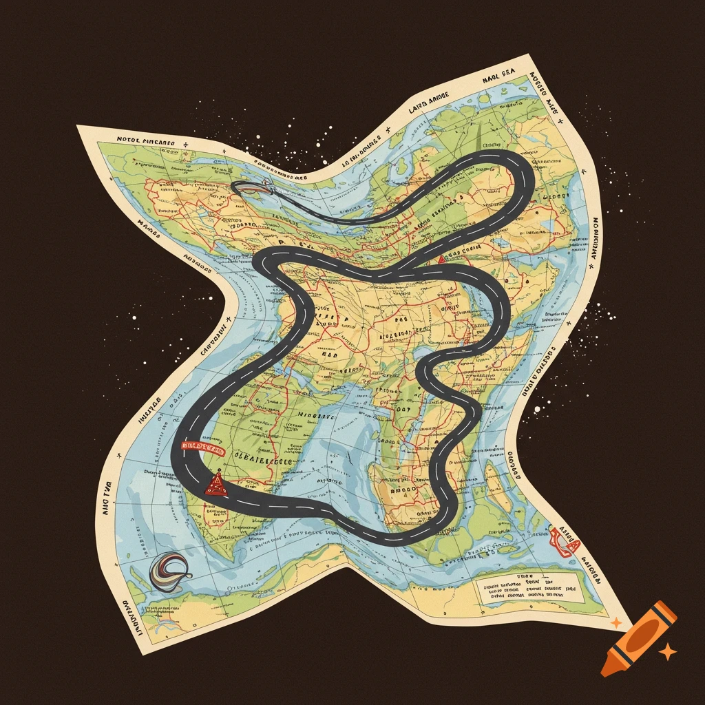 A stylized and distorted map with a black road winding across it, on a dark background.