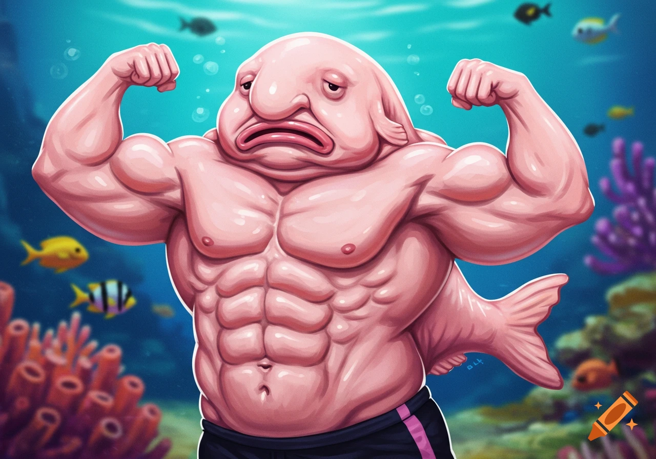 A muscular blobfish underwater flexing its muscles.
