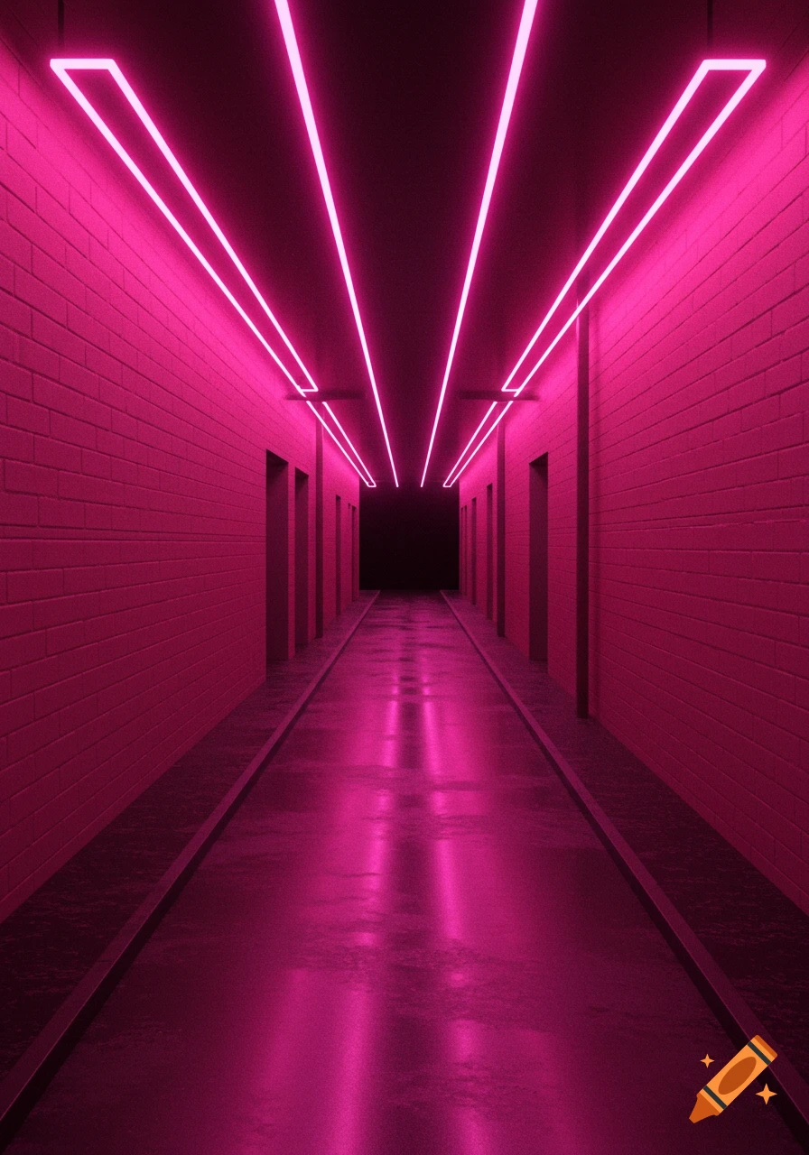 Empty corridor illuminated by pink neon lights