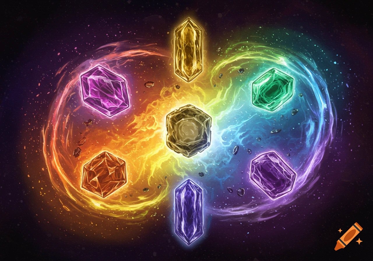 Six colorful infinity stones floating in space surrounded by rainbow energy.