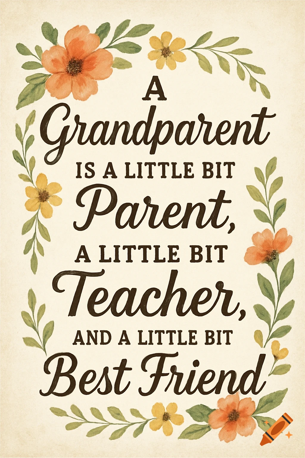 Watercolor illustration of a quote about grandparents surrounded by flowers and leaves.