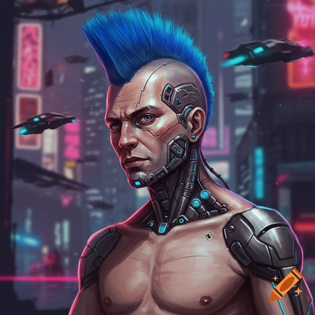 A cyborg man with a blue mohawk in a cyberpunk city