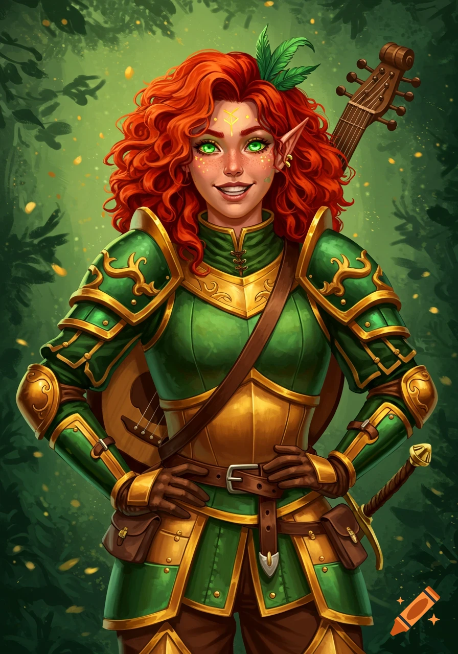 A smiling female fantasy character in green and gold armor, carrying a lute in a forest.
