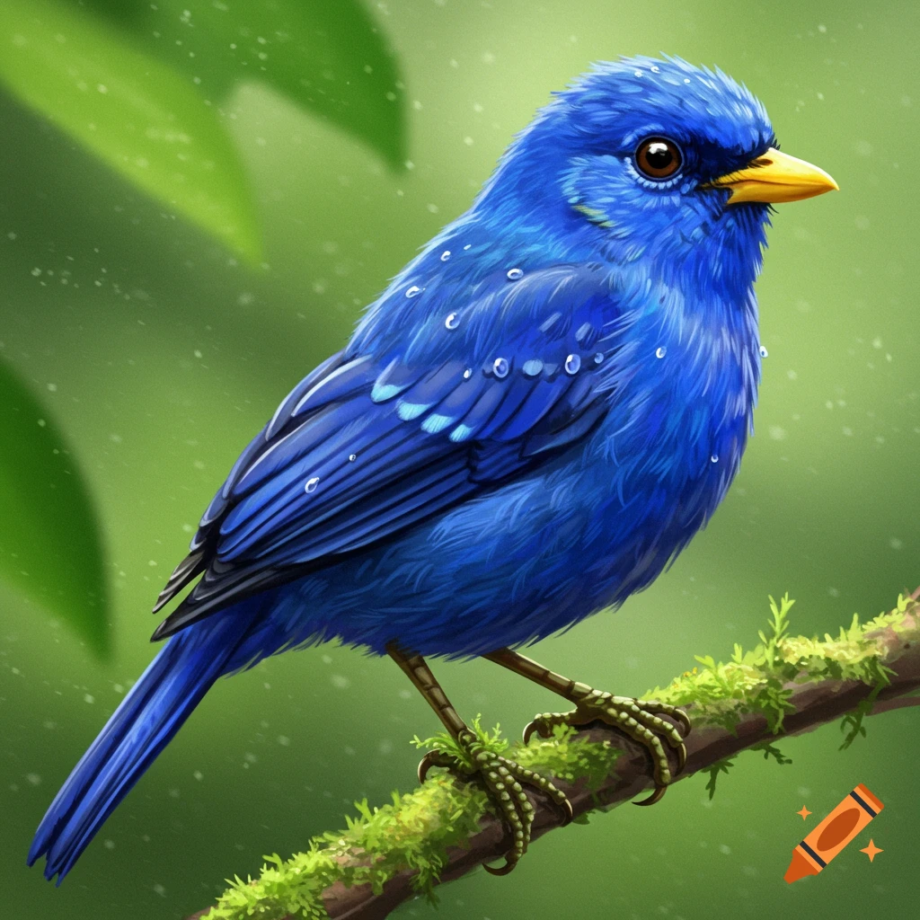 A vibrant blue bird with a yellow beak and ruffled feathers perches on a mossy branch.