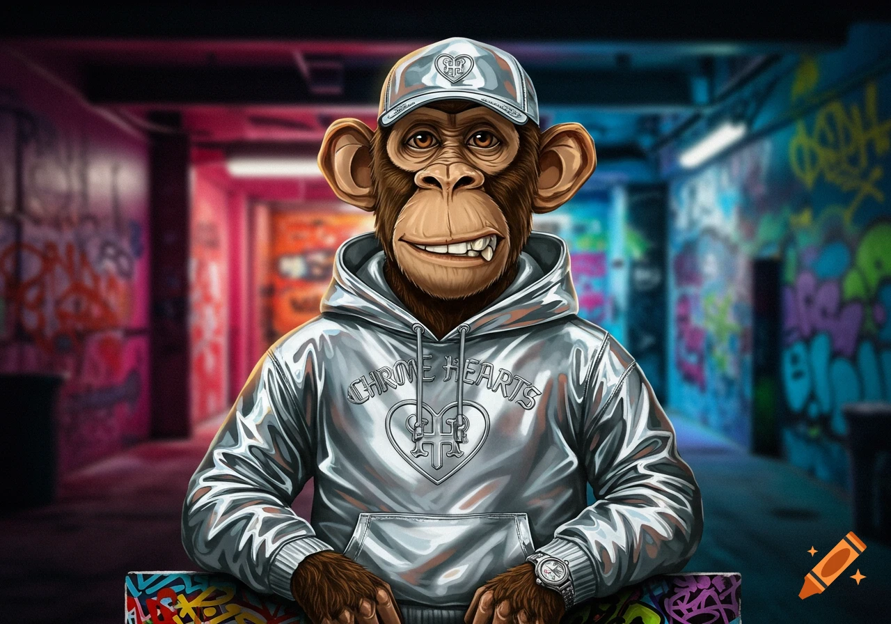 A cartoon monkey wearing a metallic hoodie with 'Chrome Hearts' and a cap, in an urban setting with graffiti.