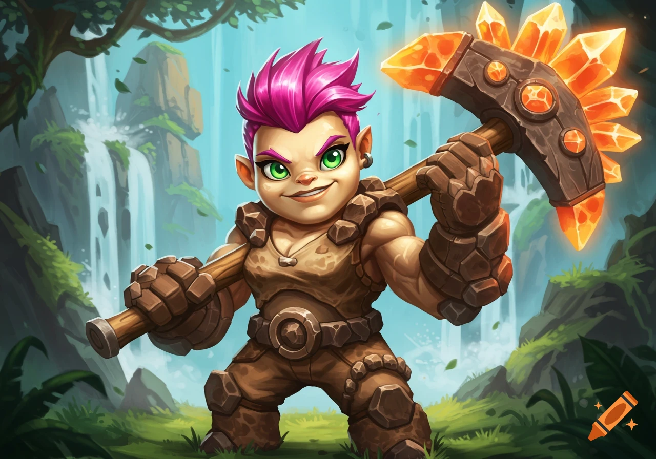 A pink-haired fantasy character is holding a crystal pickaxe in a jungle waterfall setting.