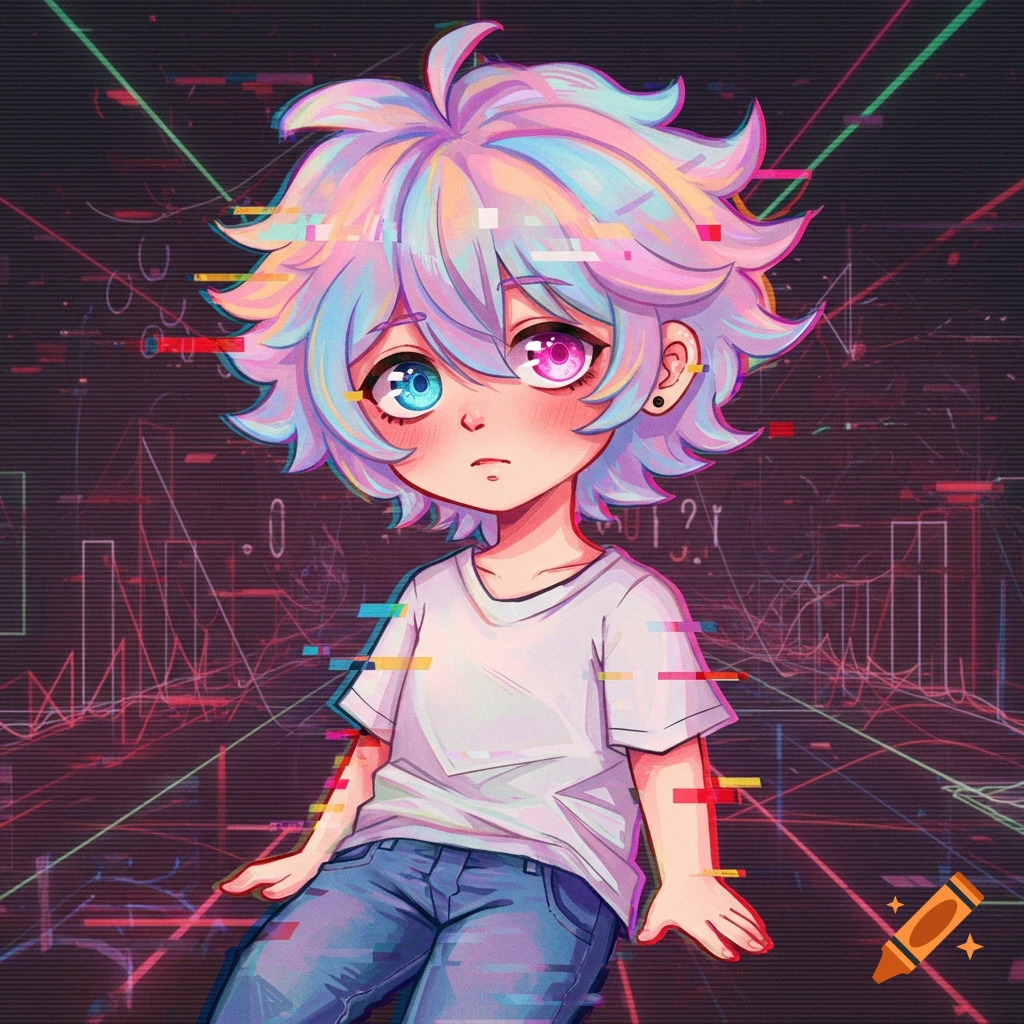 Cute anime guy with colorful hair and heterochromia sits in front of a glitchy computer error background.