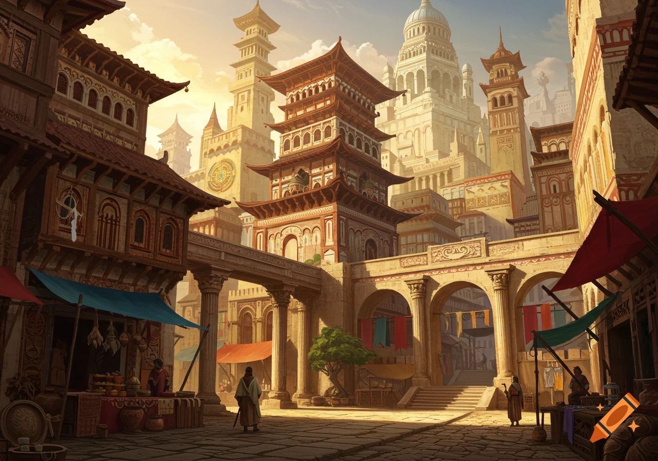 An ancient city street with mixed architectural styles, market stalls, and figures.
