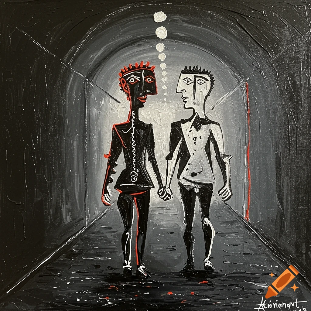 Modern art painting of two stylized figures holding hands in a dark tunnel.