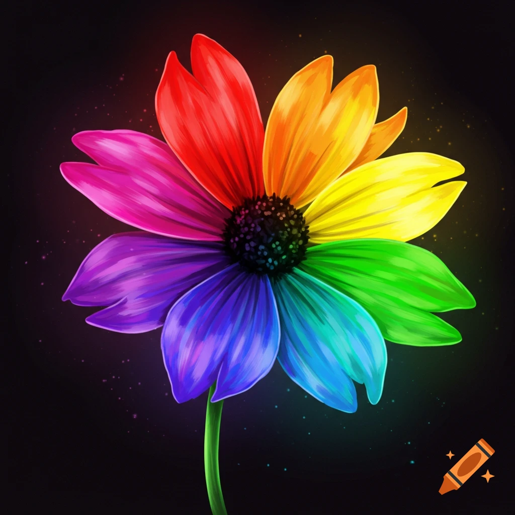 A vibrant flower with petals in rainbow colors stands out against a dark background.