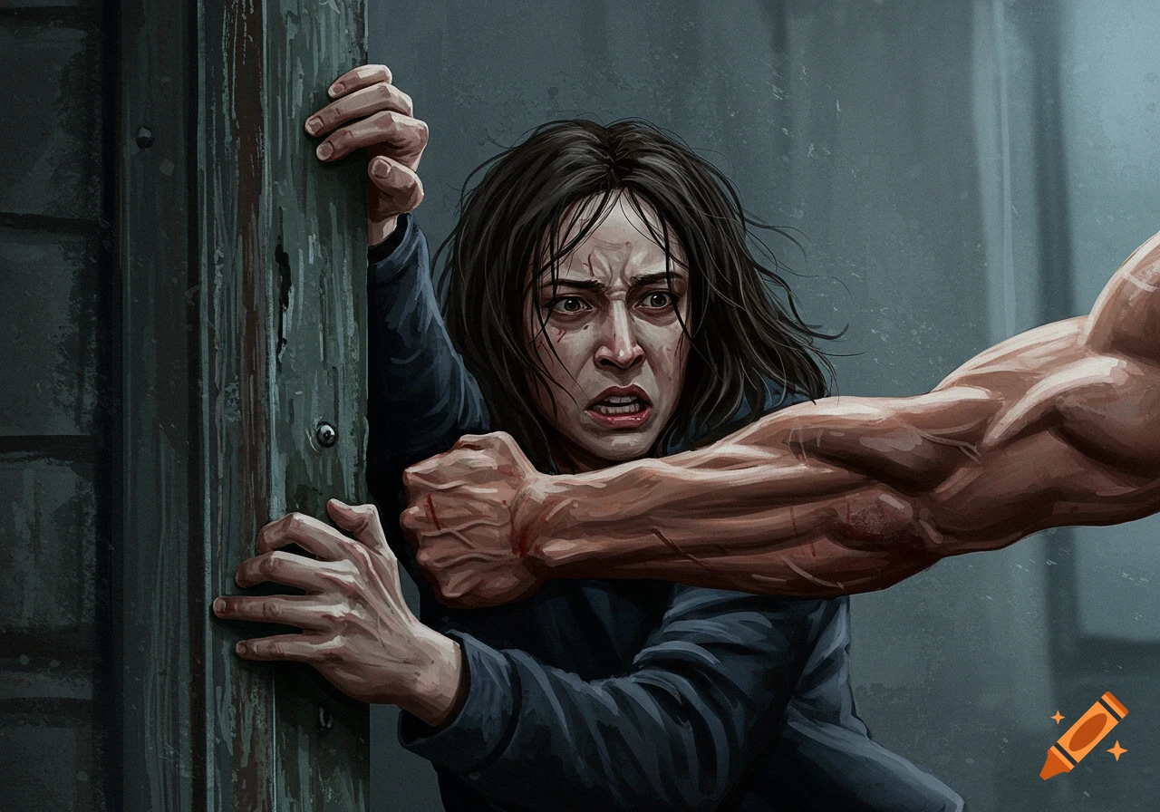 A woman clings to a door frame while a muscular arm pulls her away in a dramatic scene.