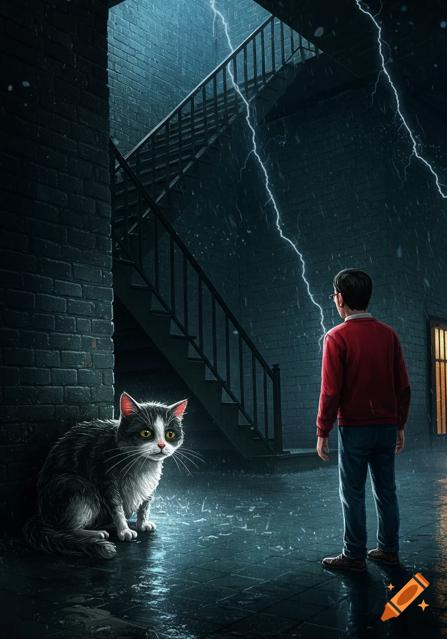 A scrawny black and white cat shivers under a stairwell during a thunderstorm while a man looks on.