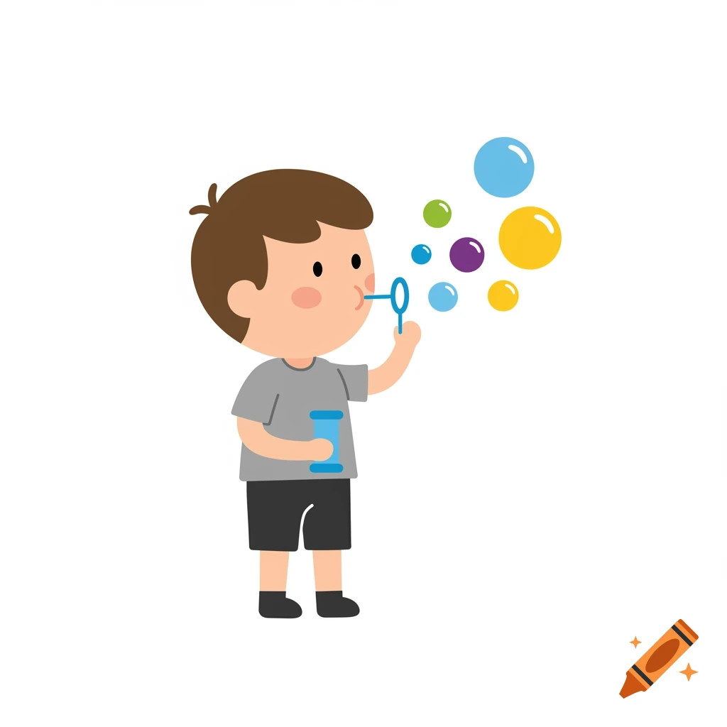 Simple, flat design illustration of a boy blowing colorful bubbles.