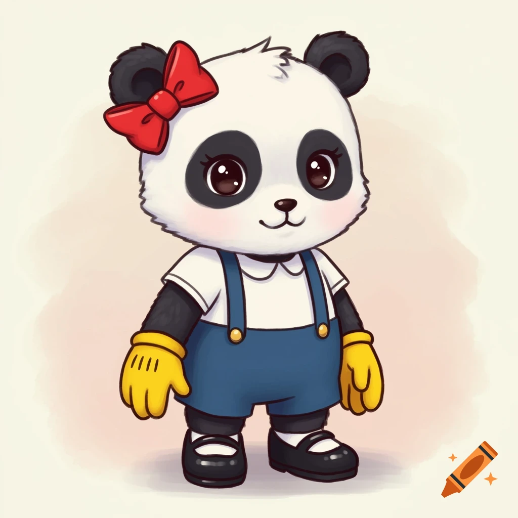 A cute rubber hose-style cartoon panda cub wears a red bow, blue suspenders over a white shirt, yellow gloves, and black Mary Jane shoes.