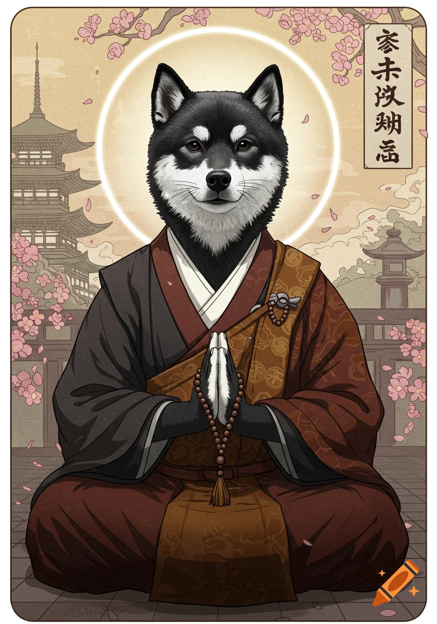 A Shiba Inu dressed as a Buddhist monk meditating in front of a temple.