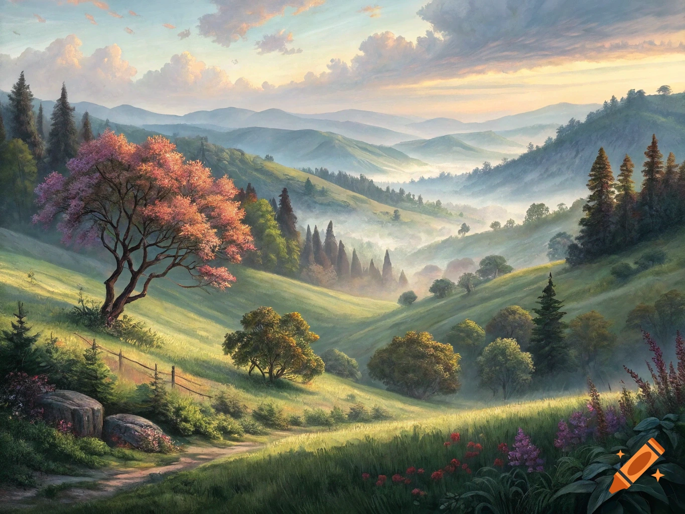 Painted landscape of rolling hills with a flowering tree, fog in valleys, mountains, and a path.