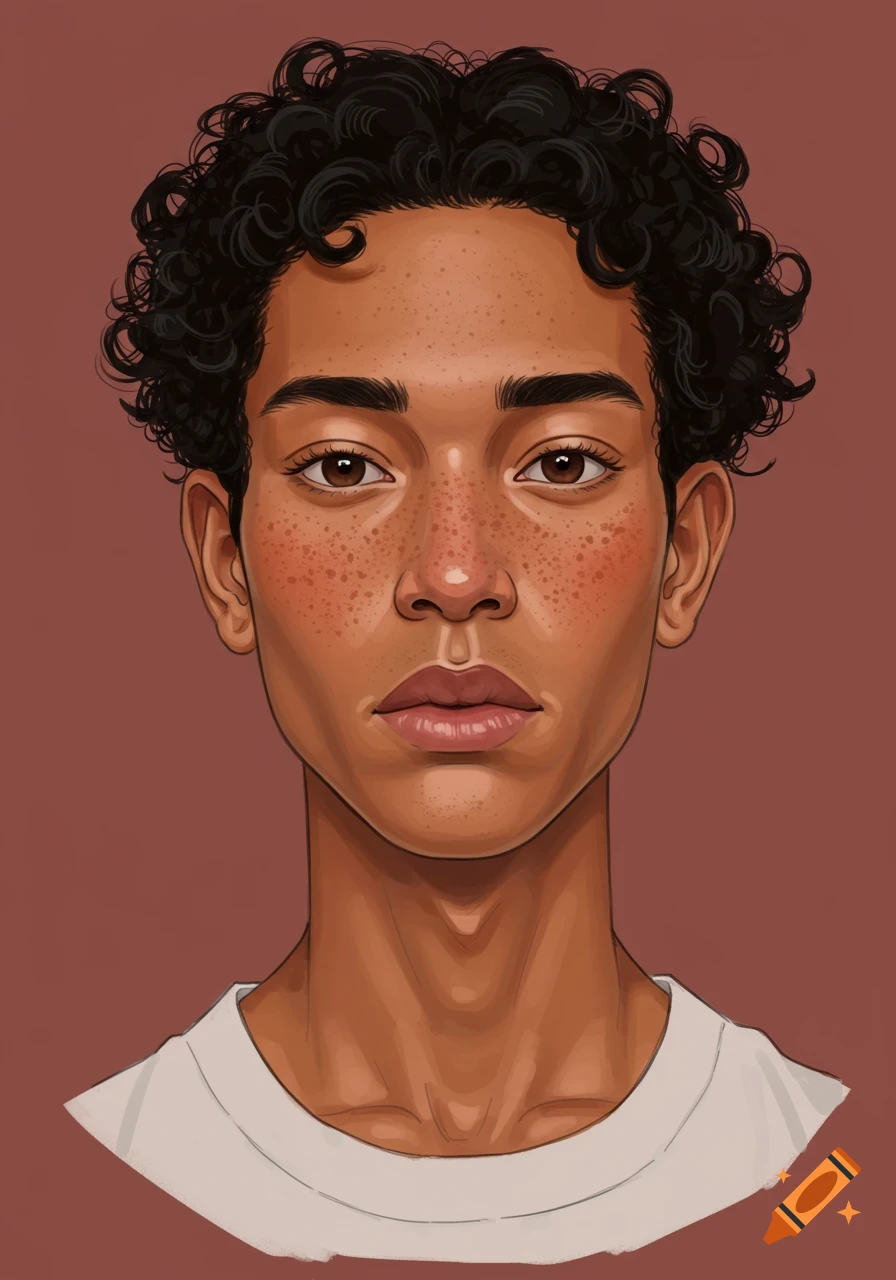 A young person with curly black hair and freckles.