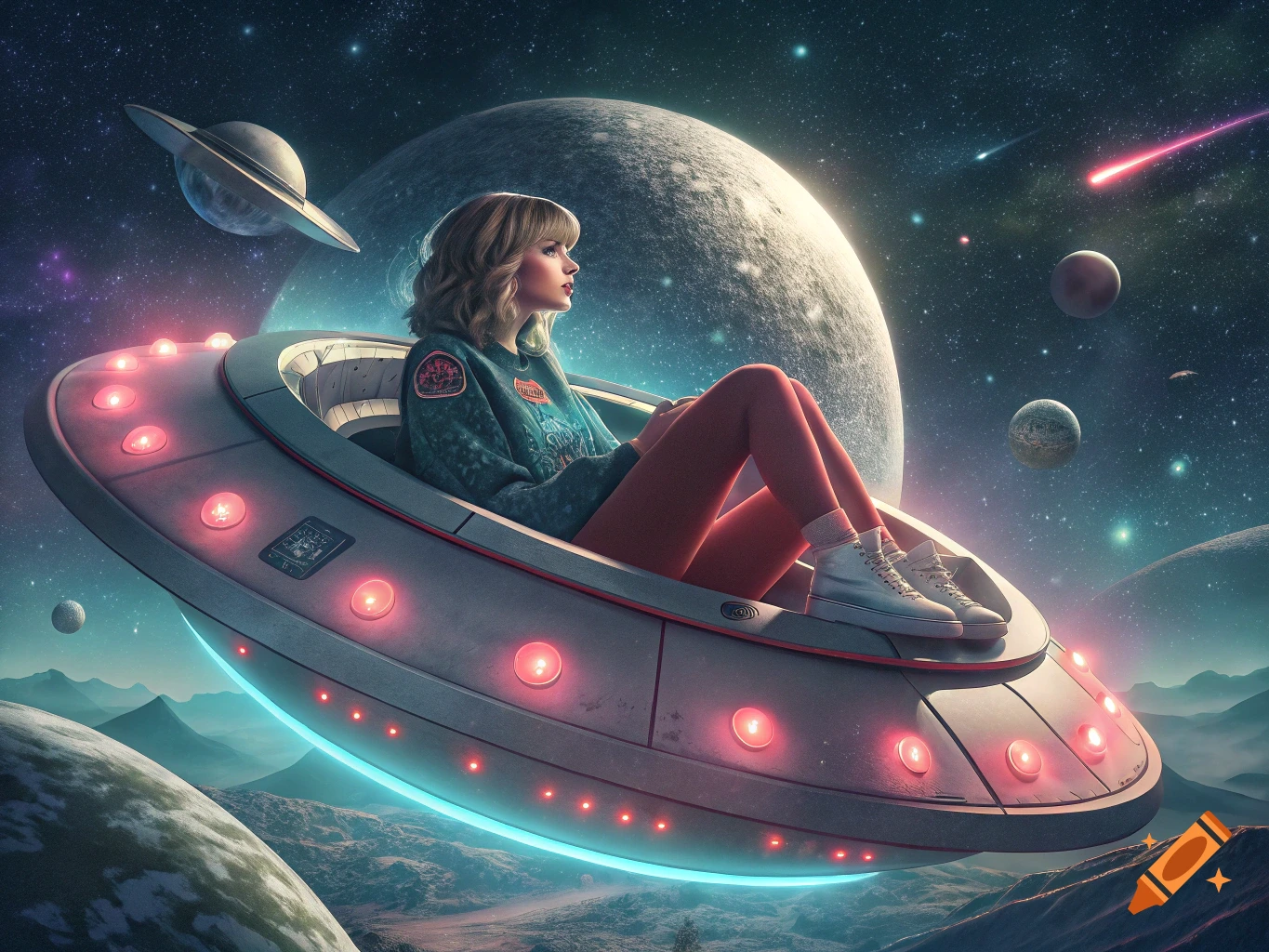 A woman sits inside a flying saucer in a starry space scene.
