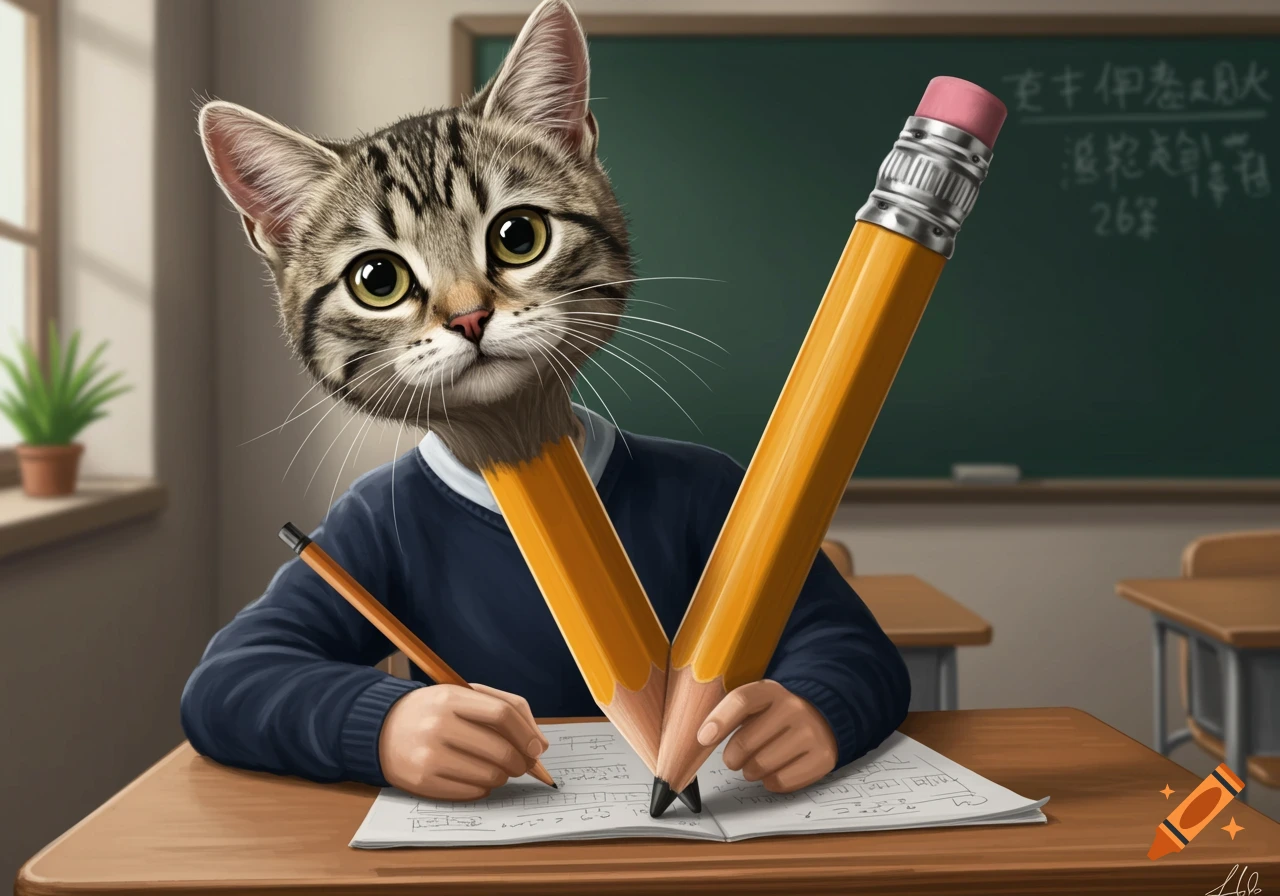 A cat's head on a pencil body writes on paper at a school desk with two large pencils.