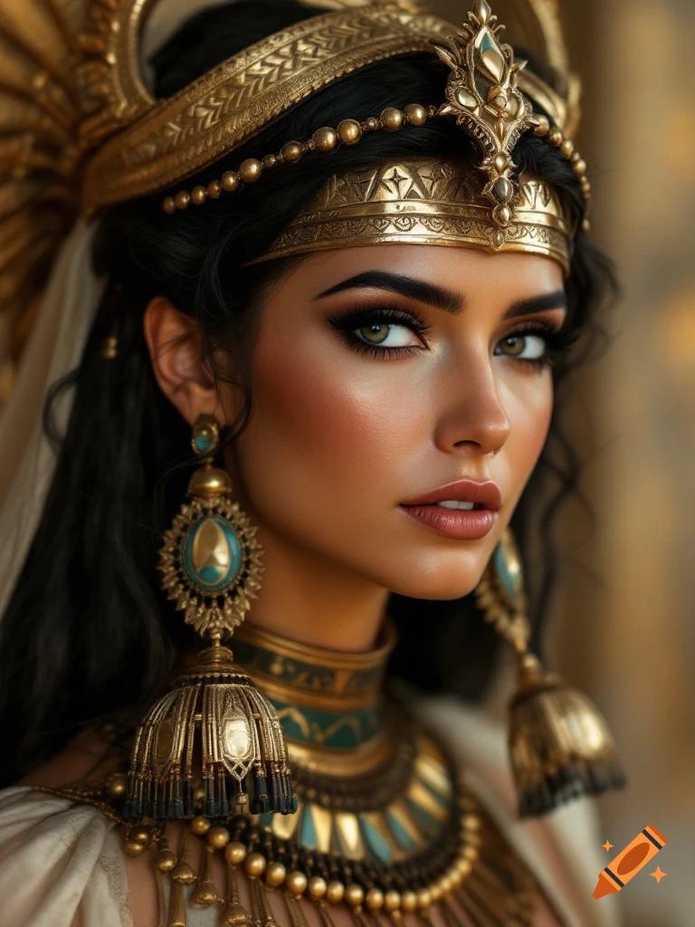 Close-up portrait of a woman in elaborate Egyptian gold and turquoise jewelry and headdress.