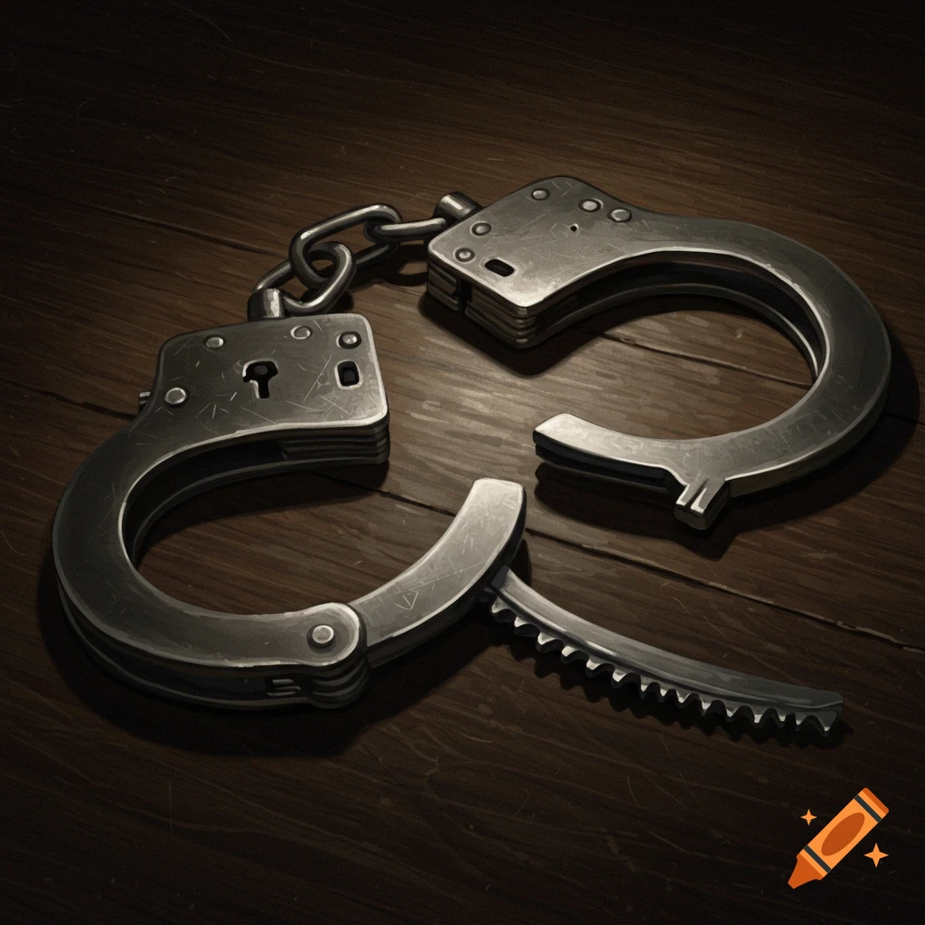 Open metal handcuffs lie on a wooden surface.
