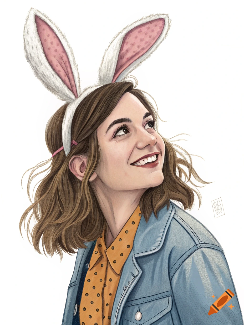 Illustration of a woman wearing bunny ears, smiling and looking upwards.