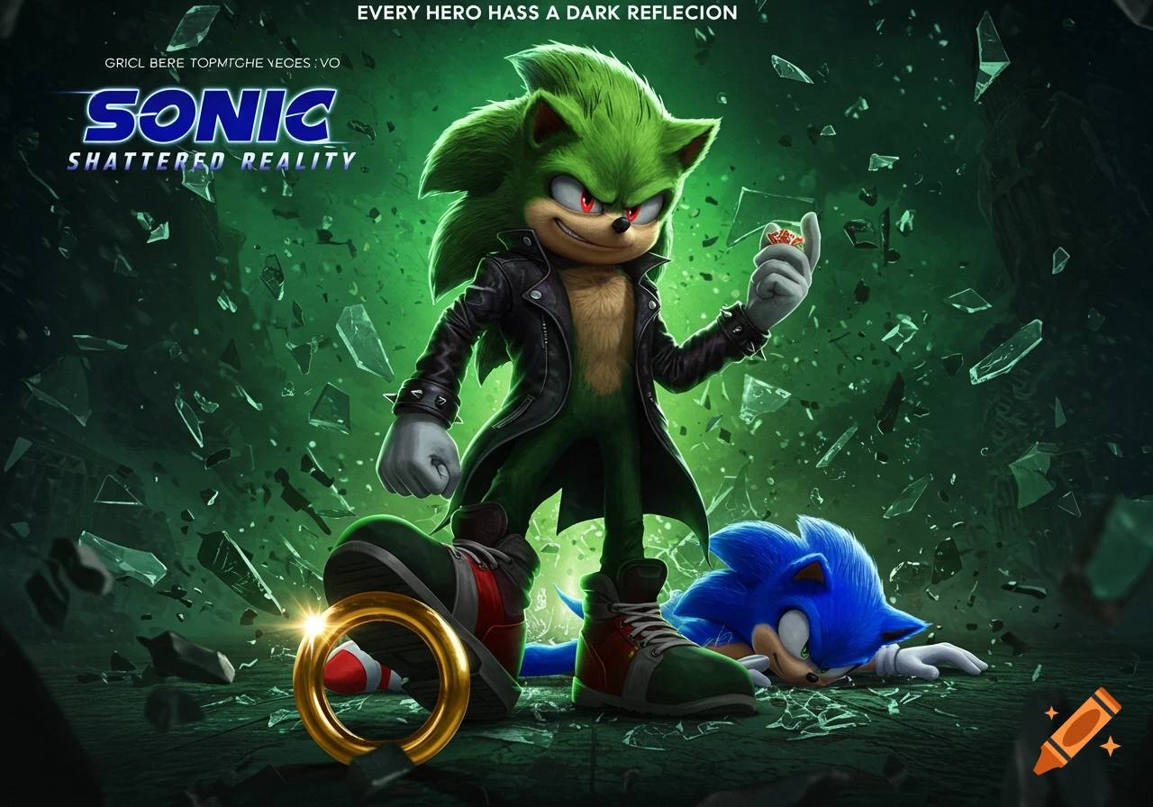 Green hedgehog in leather jacket stands over defeated blue hedgehog amidst shattered glass and ring.