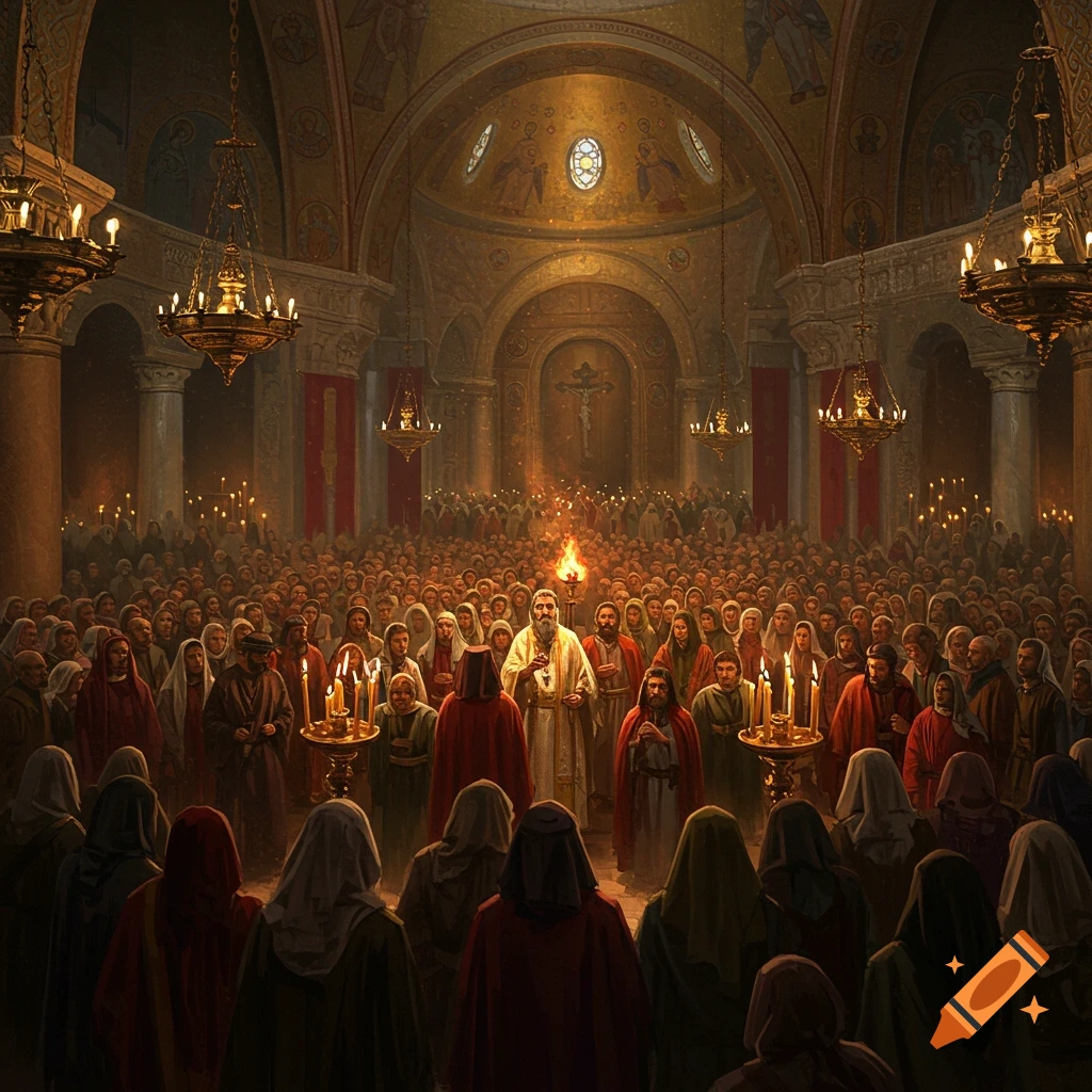 A large crowd gathered in an ornate, candlelit church watching a religious ceremony.