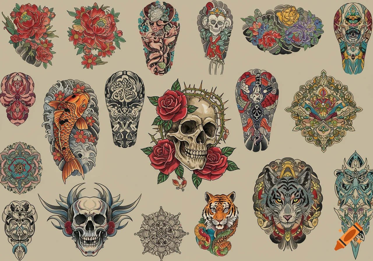 Collection of traditional style tattoo designs including skulls, koi fish, tiger, flowers, and abstract patterns.