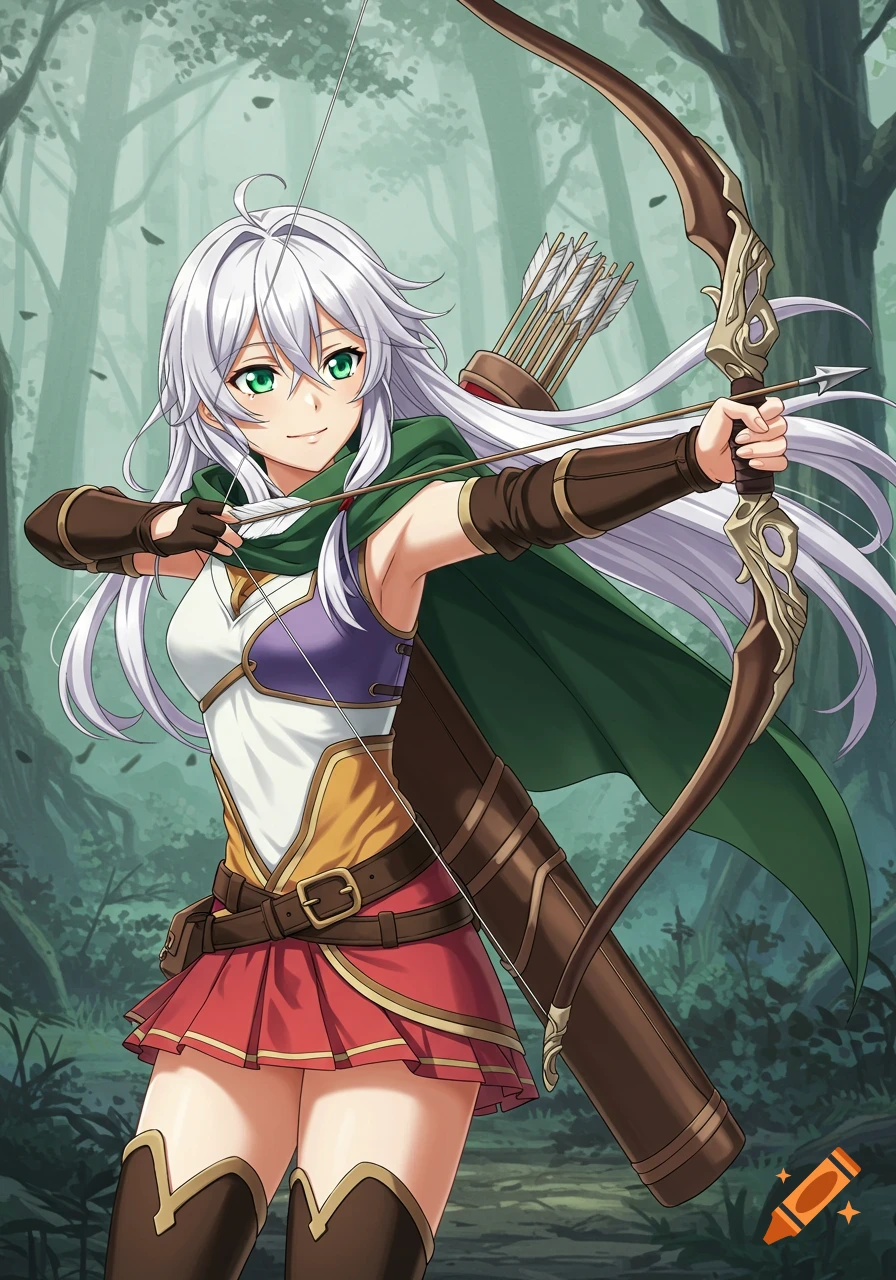 Anime girl with white hair drawing a bow in a forest.