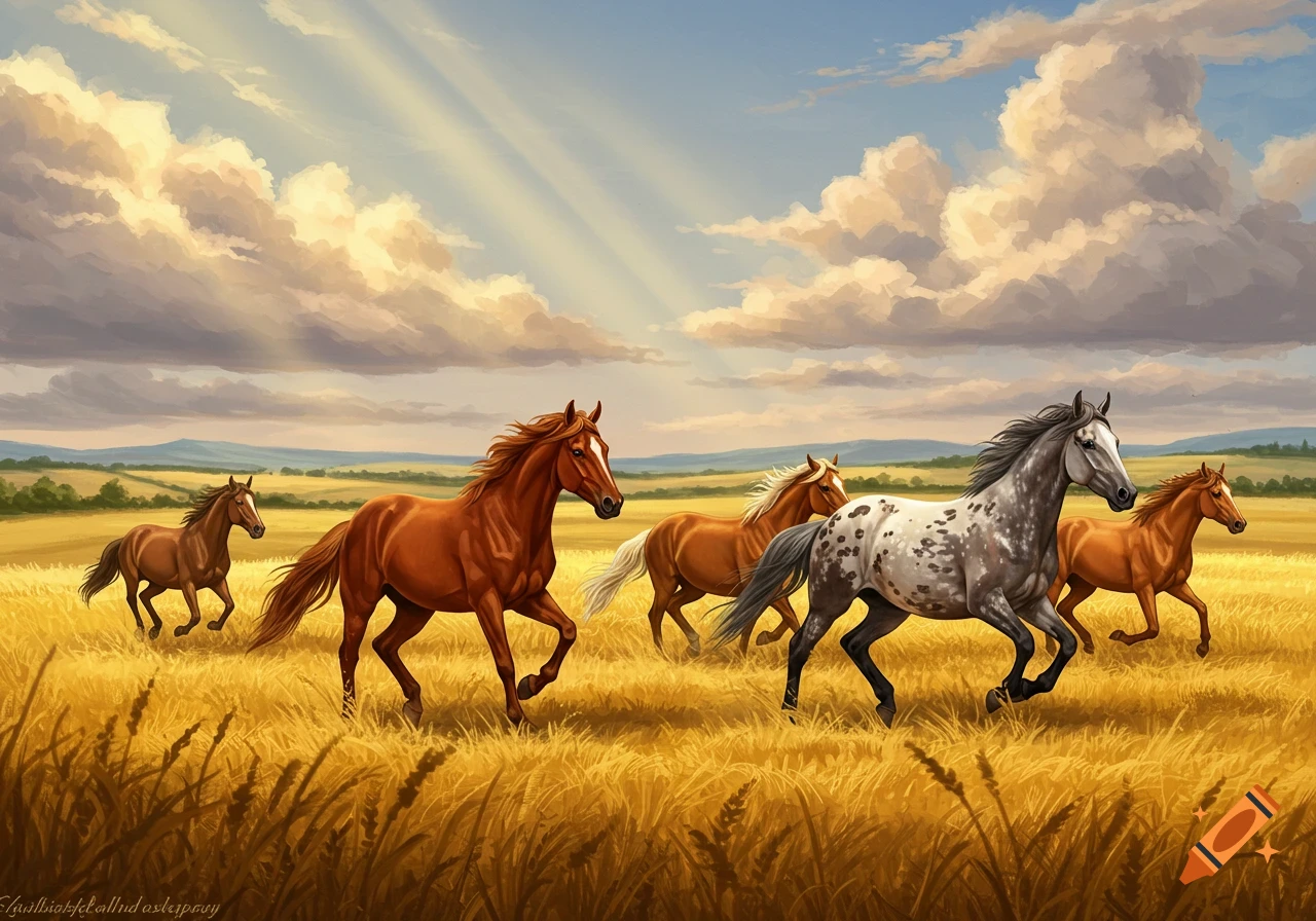 Five horses running through a golden field under a cloudy sky with sun rays.