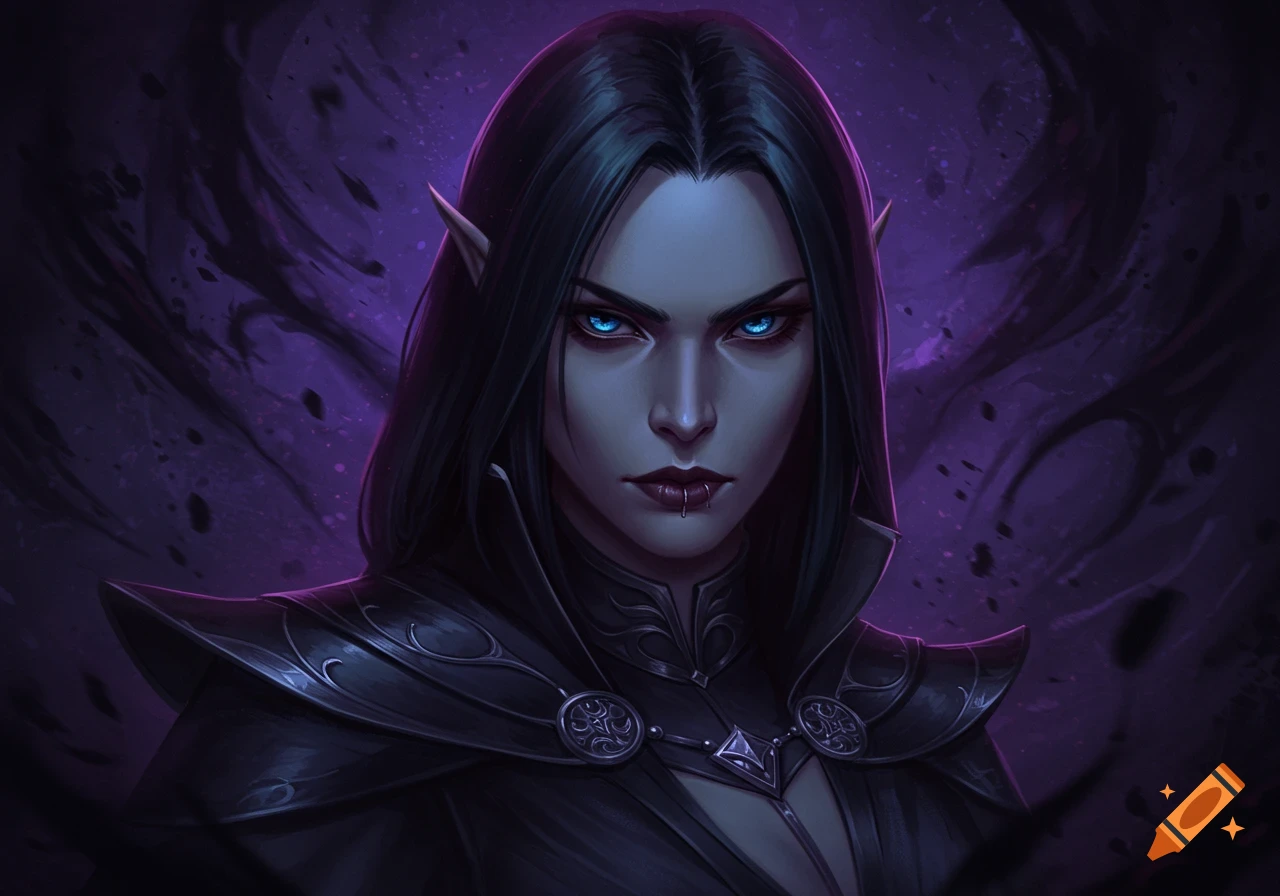 Dark fantasy female character with blue eyes and pointed ears.