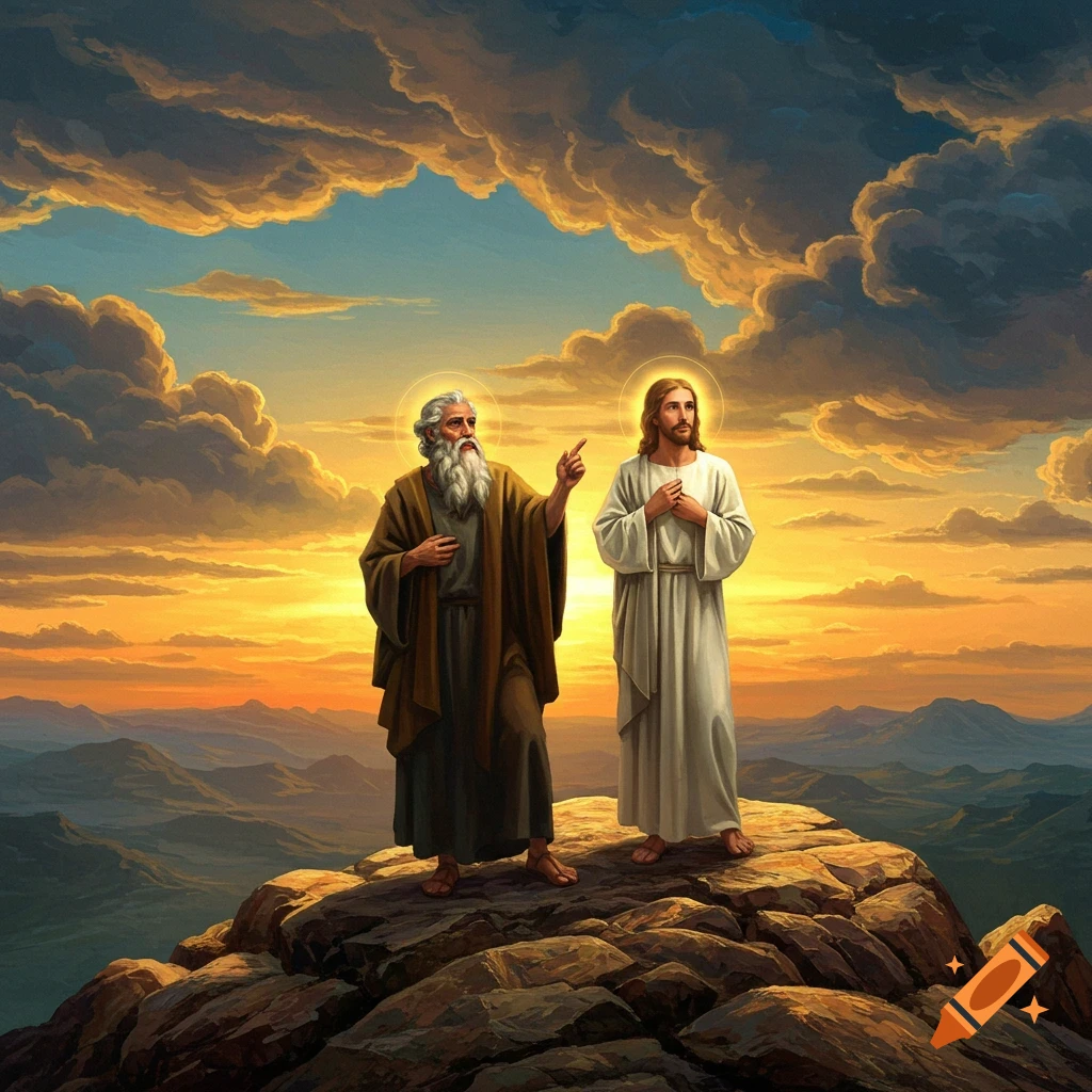 Moses and Jesus stand on a mountaintop at sunset.