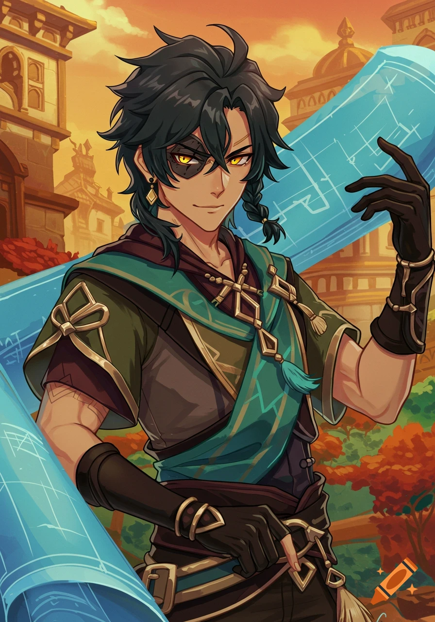A detailed image of Genshin Impact character Kaveh holding a blueprint in front of a city background.