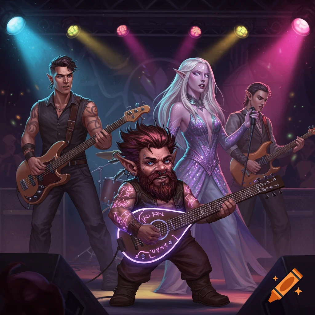 A fantasy rock band on stage with colorful lights. The band includes a gnome playing an electric lute, an elf vocalist, and a human bassist.