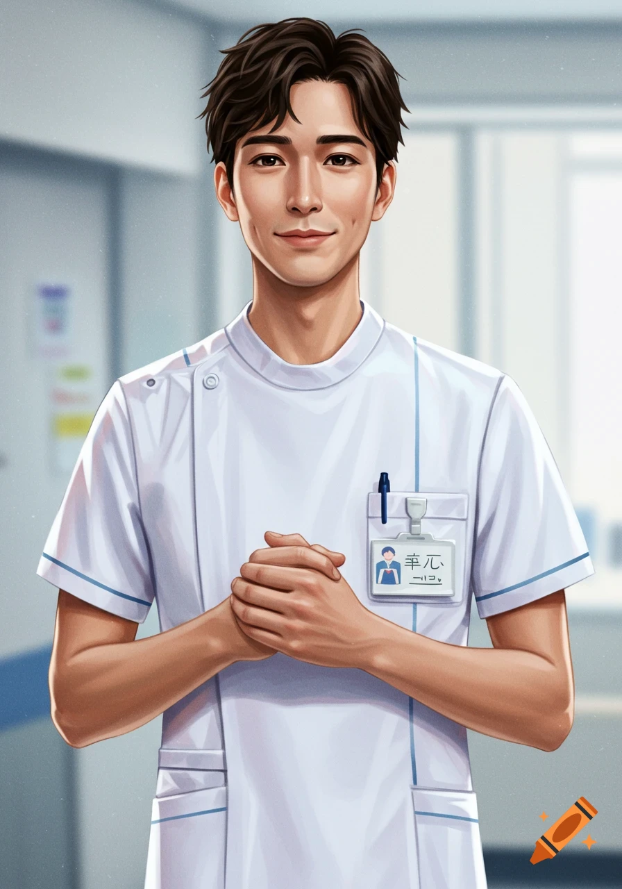 A male nurse is wearing a white uniform