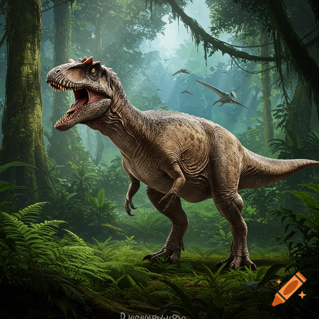 A Tarbosaurus dinosaur in a jungle.