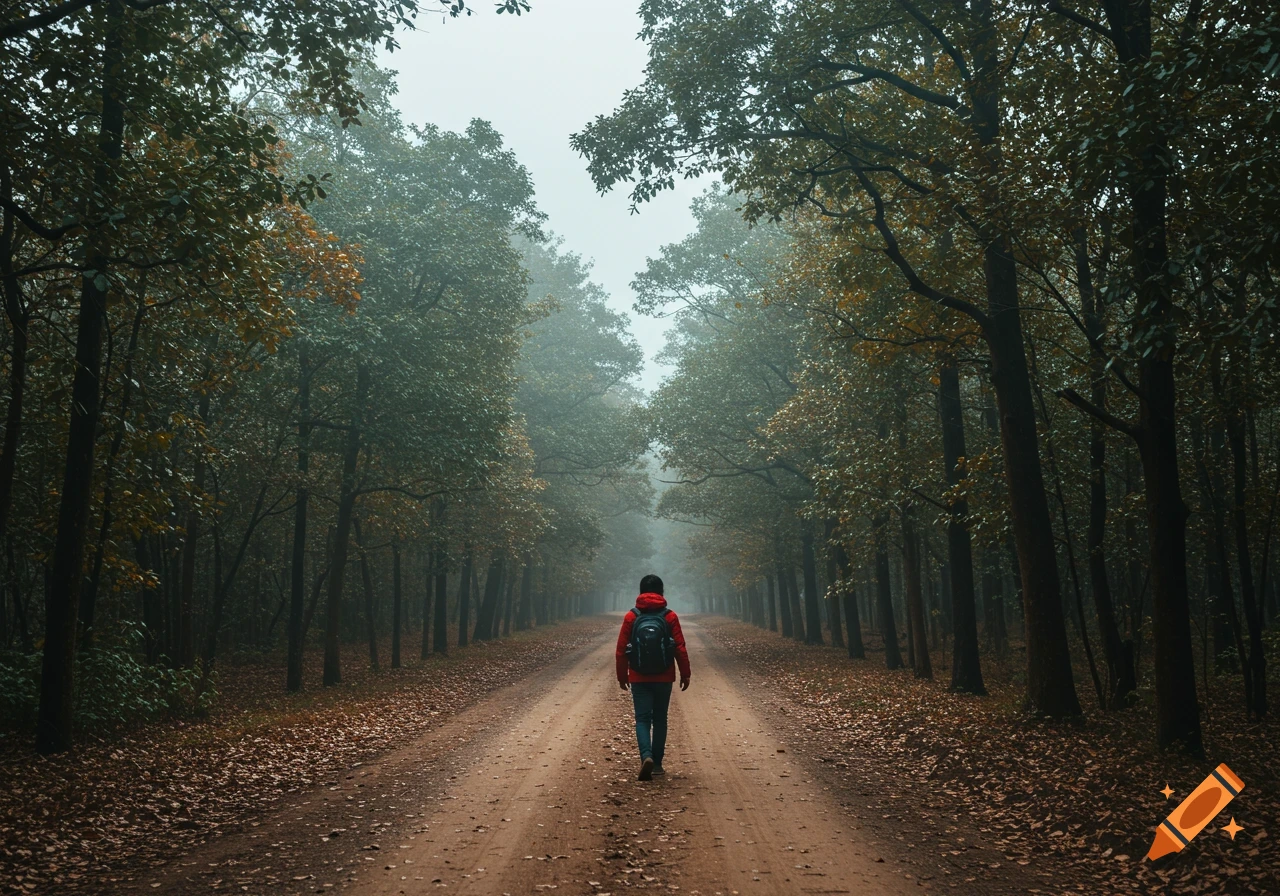 A person walks down a misty forest road covered in fallen leaves.