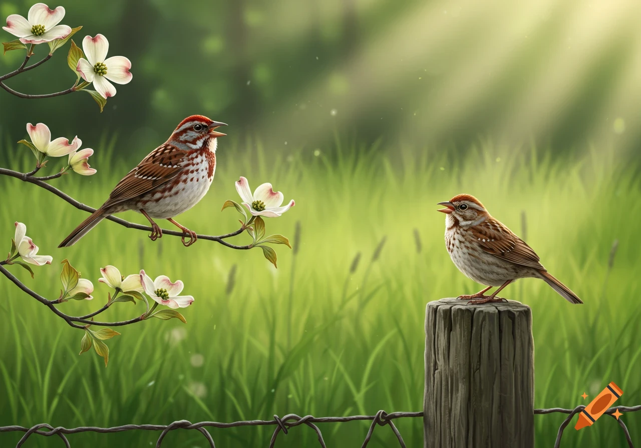 two song sparrows singing in a field with dogwood flowers, fence, and sun rays.