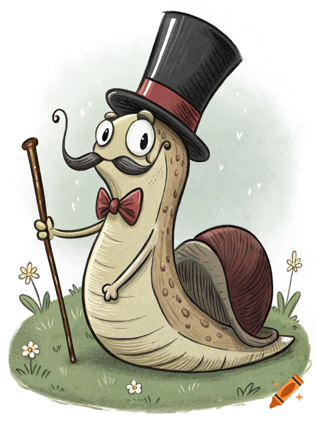 Cartoon slug in a top hat, bow tie, and mustache, holding a cane, standing in grass with flowers.